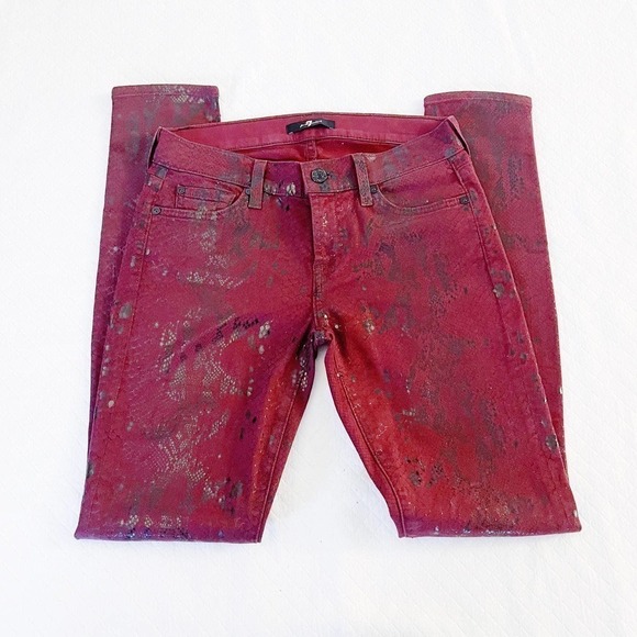 7 For All Mankind Snakeprint Denim Skinny Jeans SZ26 Dark Red - Picture 8 of 8